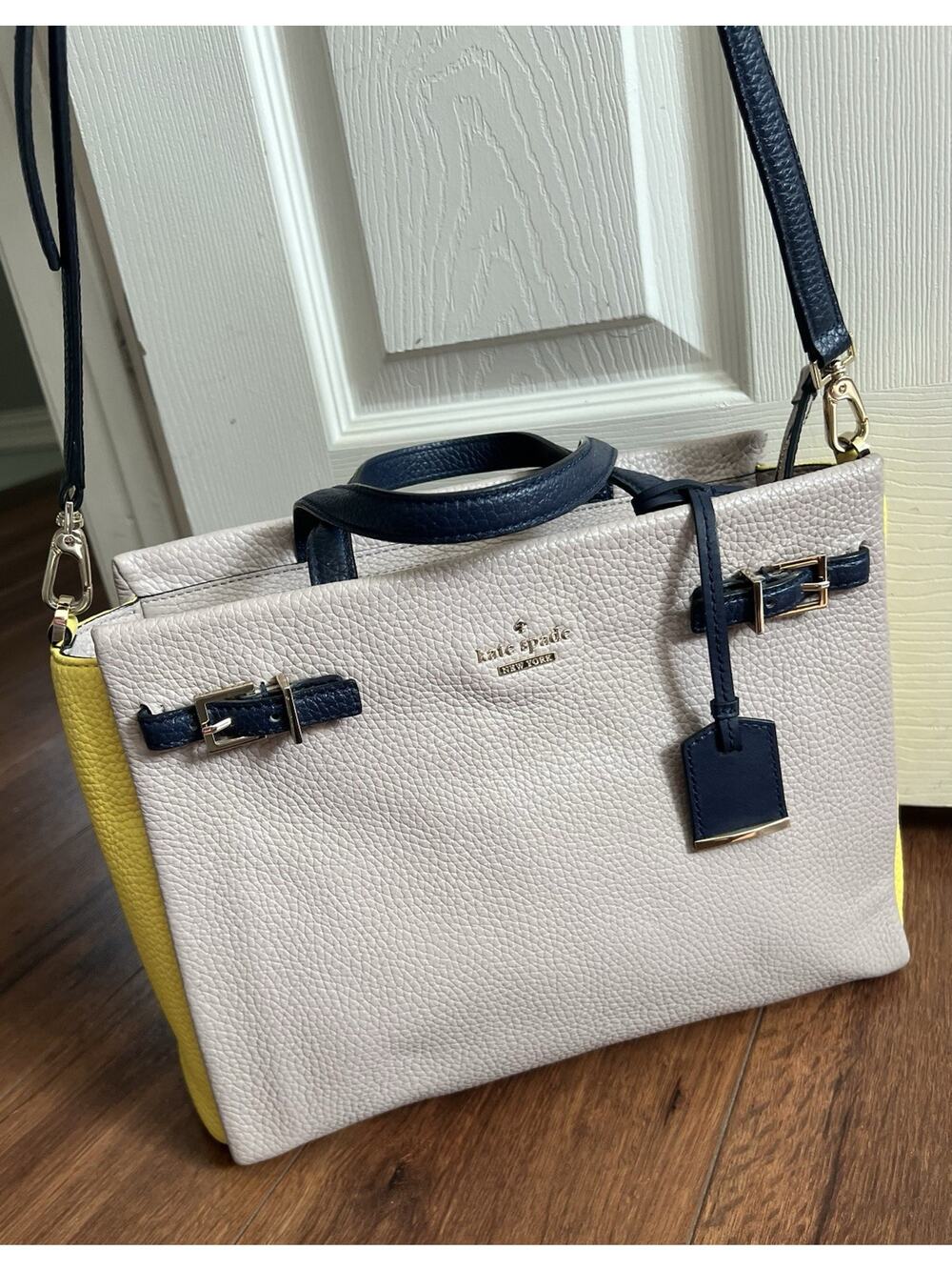 KATE SPADE Holden Street Lanie Yellow Taupe Pebble Leather Satchel Bag Purse